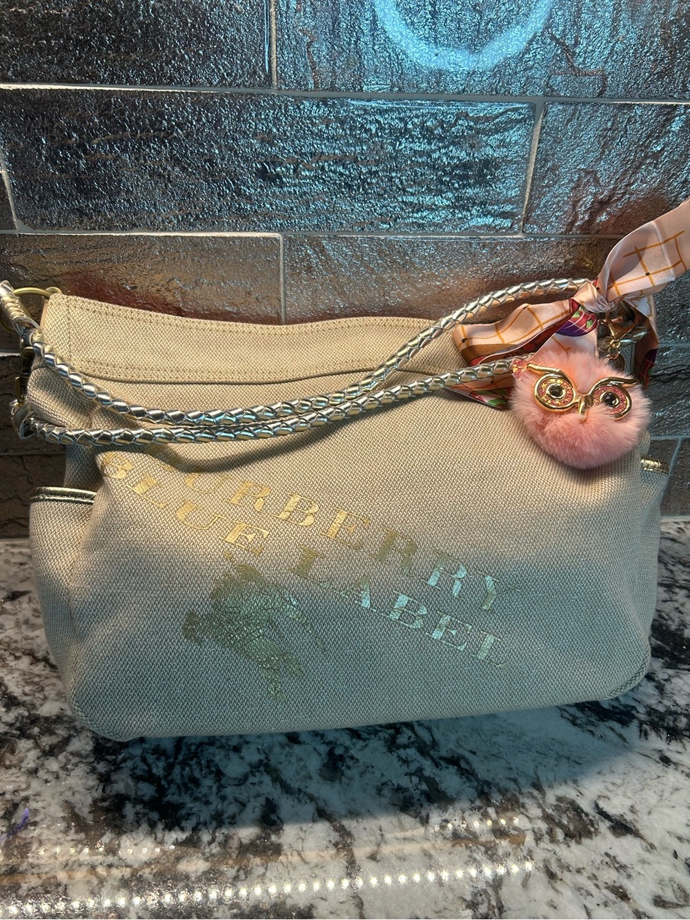 Burberry Taupe Canvas Shoulder Bag with Gold Logo and Braided Strap - Picture 2 of 15
